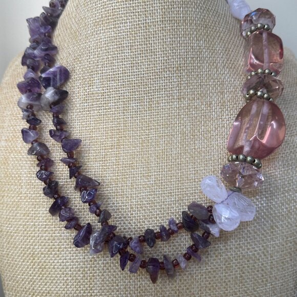 Loft Multistrand Purple Amethyst Chip & Pink Bead Necklace With Silver Accents 1 - Picture 1 of 9
